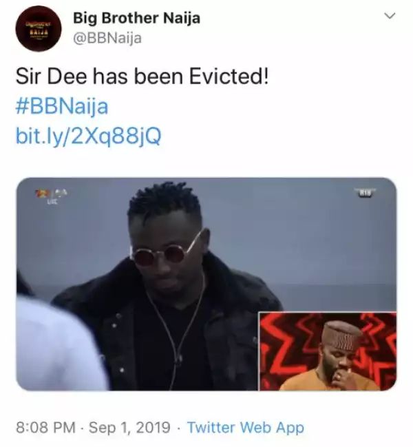 BBNaija: Sir Dee Has Been Evicted From The Big Brother House